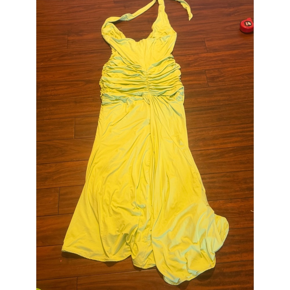 Babyboo Rosetta Maxi Dress Lime Green Ruched Halter Gown BBF4037-D XL - Picture 4 of 8